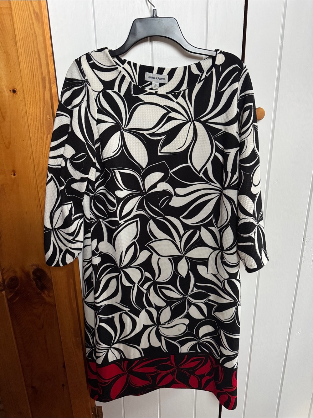Shelby & Palmer Black and White Floral Midi Dress with Red Border